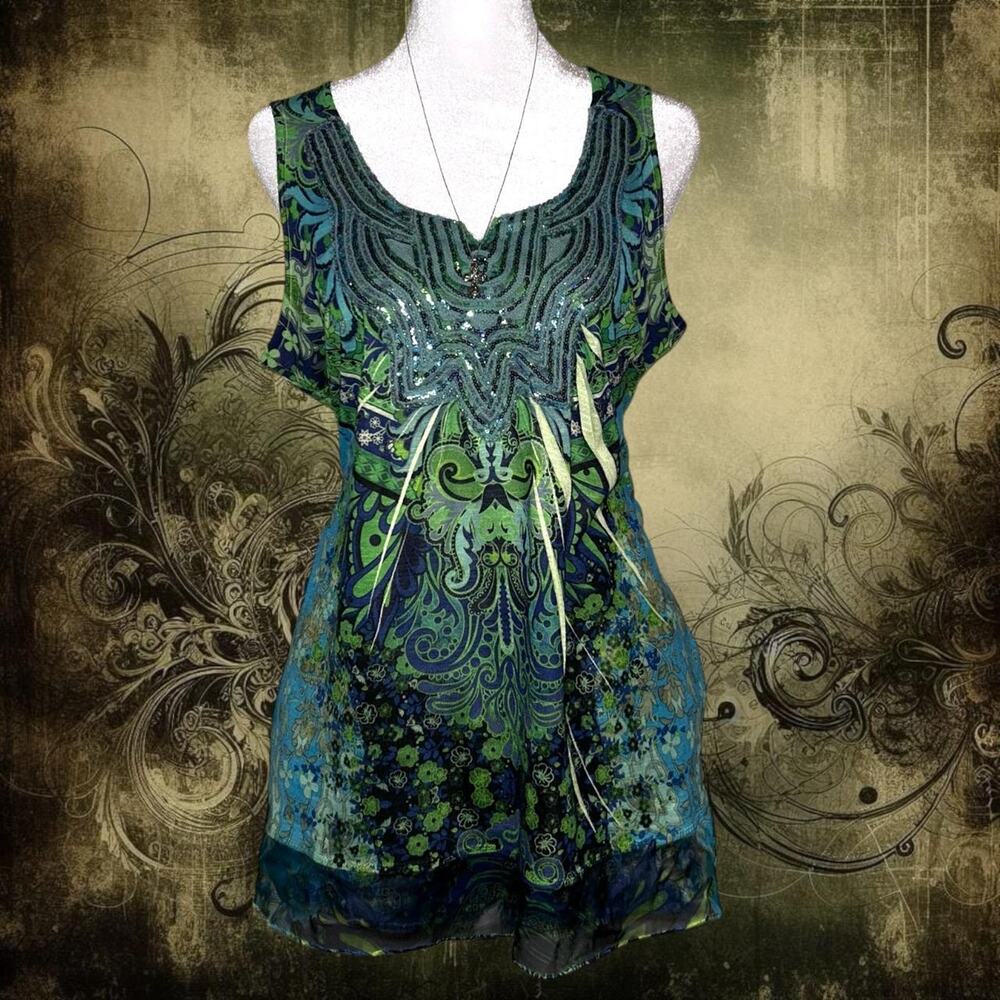 intricate sequin sleeveless baroque boho green fairy top